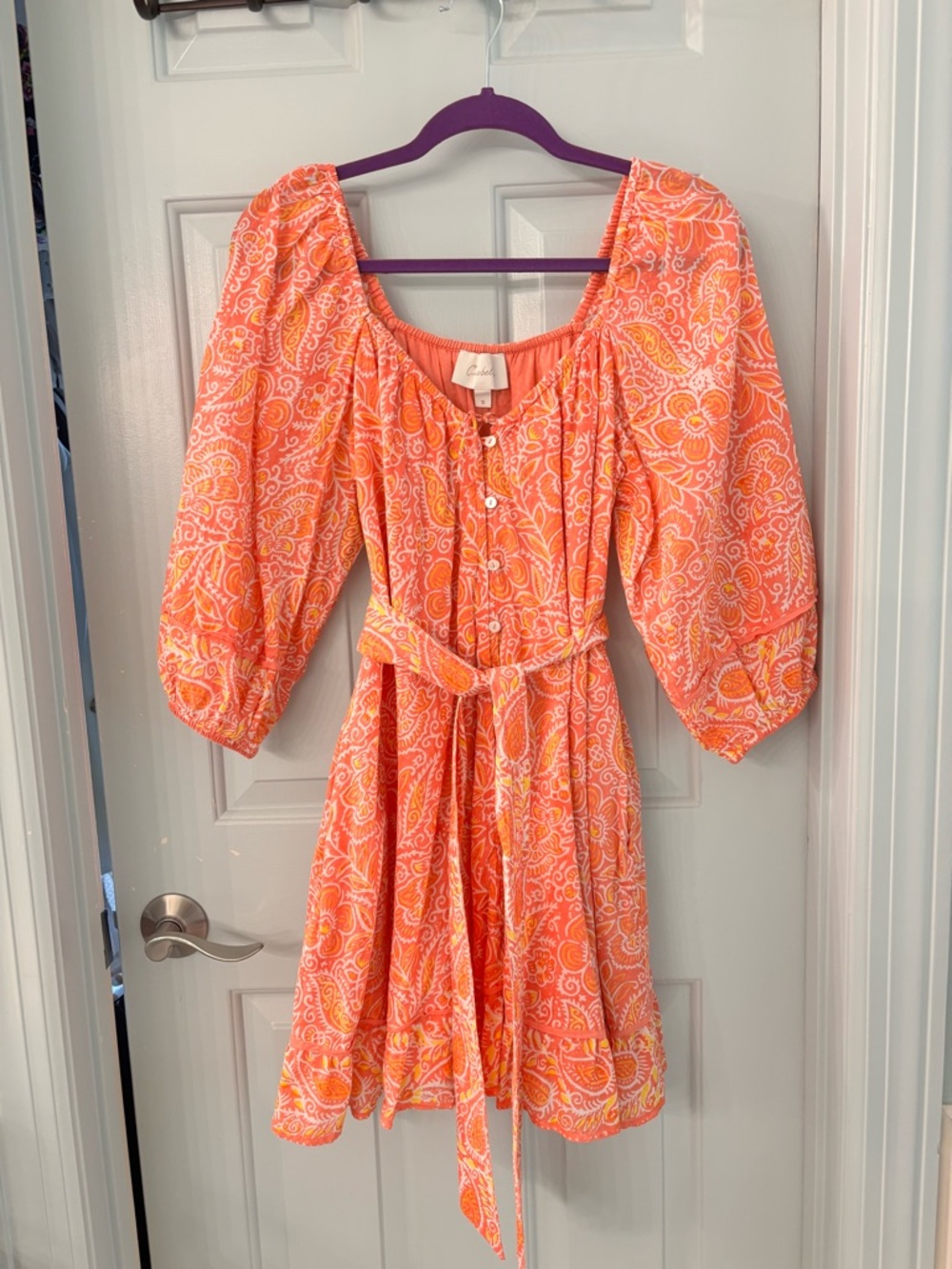 Cleobella Grace Mini Coral Orange abd yellow Paisley Puff-Sleeve Dress